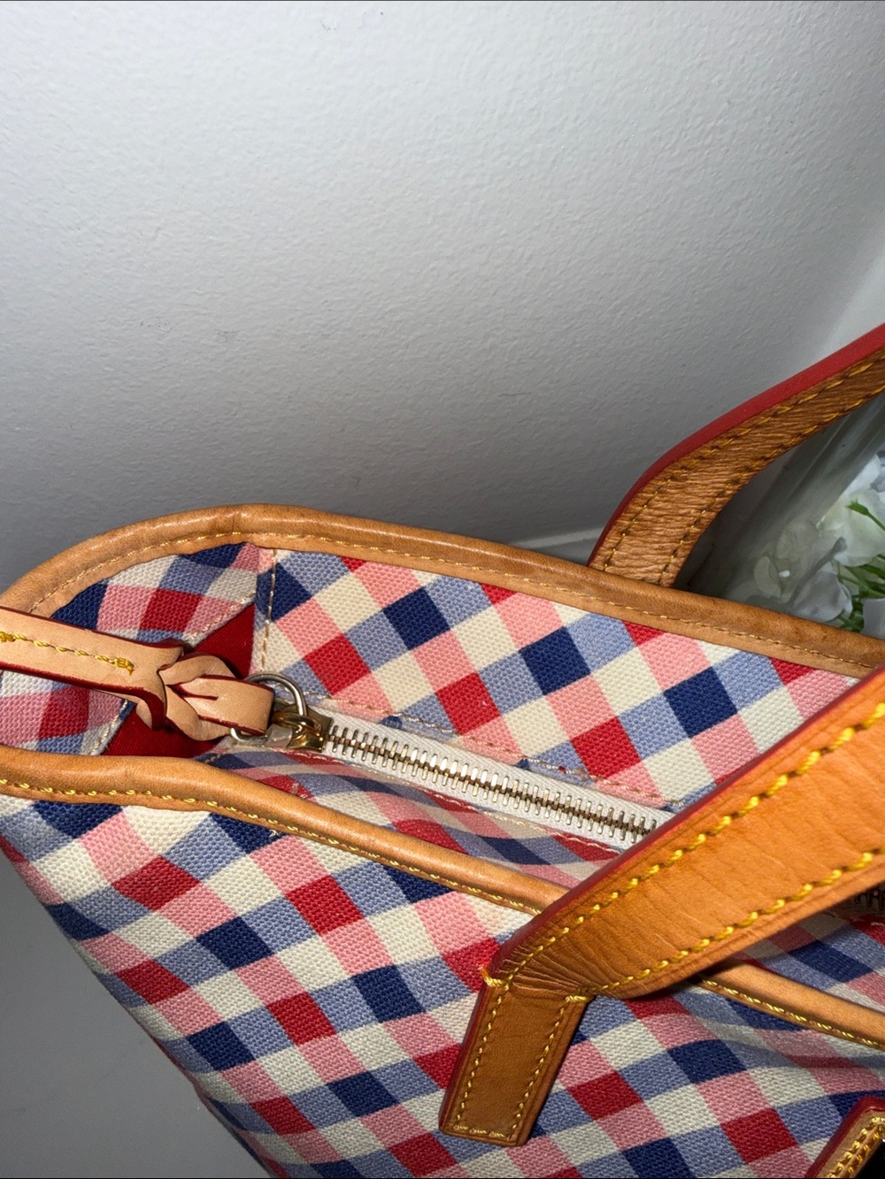 Dooney & Bourke Red Navy Check Tote with Tan Leather Trim - Picture 5 of 17